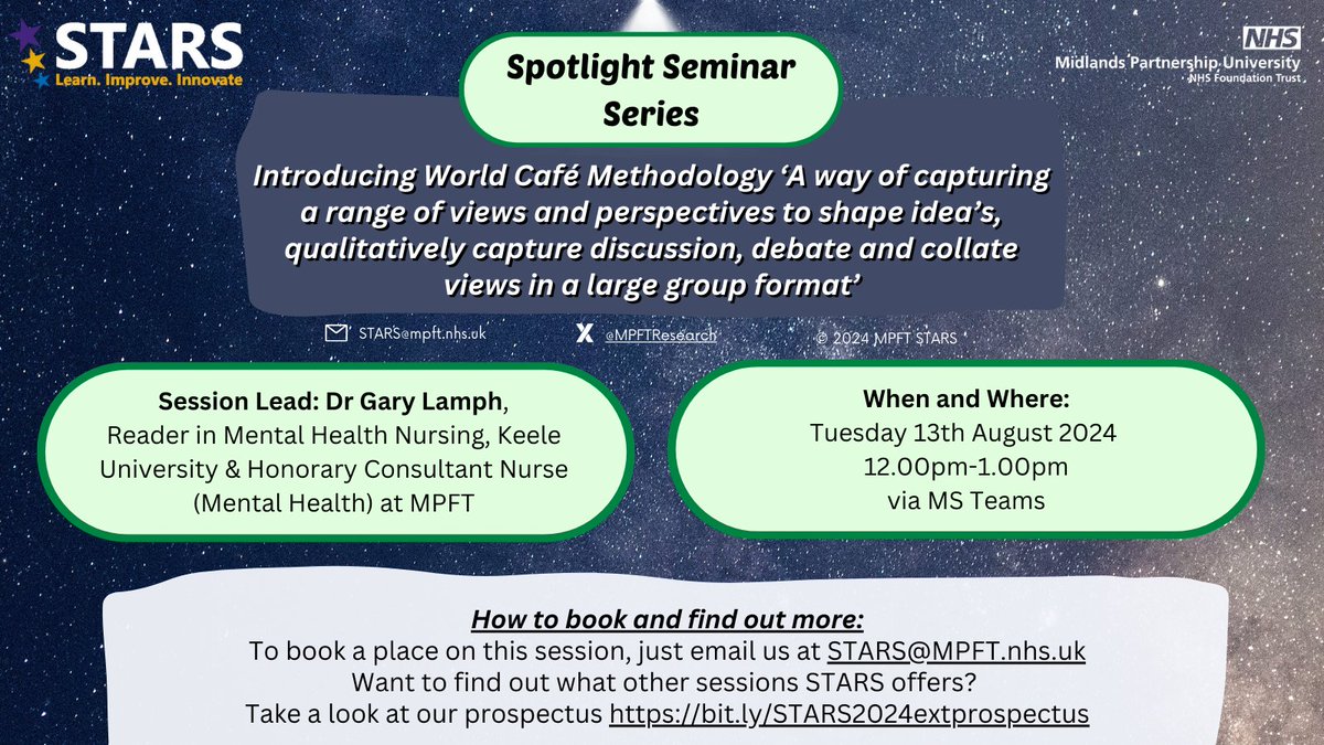 MPFT NHS Research (@mpftresearch) on Twitter photo Join us for #MPFTSTARS Spotlight Seminar: World Café #Methodology: A way of capturing a range of views & perspectives to shape ideas, #qualitatively capture discussion, debate, & collate views in a large group format!
🌟Led by Dr <a href="/gazlamph/">Dr Gary Lamph PhD</a>
📅13/08/24, 12-1pm
☑️STARS@mpft.nhs.uk Join us for #MPFTSTARS Spotlight Seminar: World Café #Methodology: A way of capturing a range of views & perspectives to shape ideas, #qualitatively capture discussion, debate, & collate views in a large group format!
🌟Led by Dr <a href="/gazlamph/">Dr Gary Lamph PhD</a>
📅13/08/24, 12-1pm
☑️STARS@mpft.nhs.uk