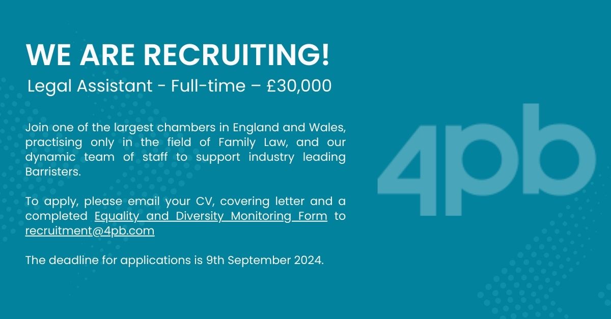 LEGAL ASSISTANT POSITION AT 4PB. 

An excellent opportunity to work closely with barristers at a top tier family law set in London.  

To read more about this click the link below:
4pb.com/recruitment/st…