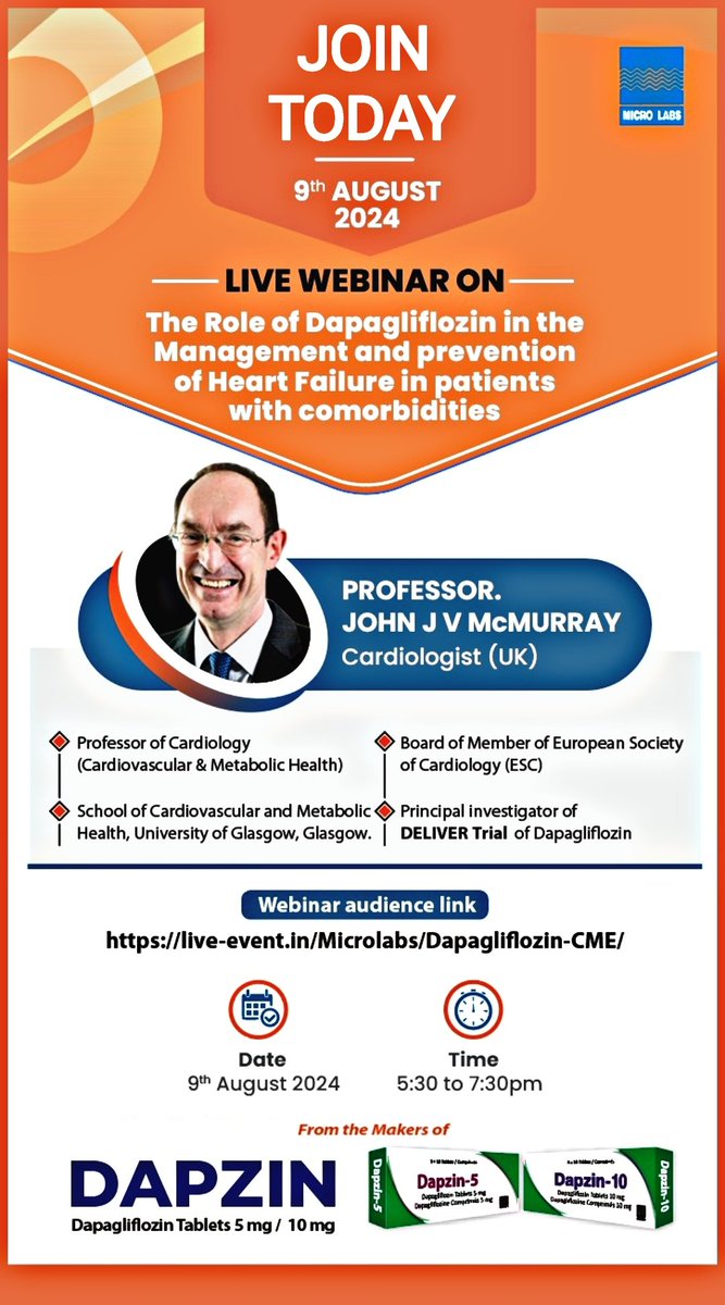 RohitSi03419017's tweet image. Dear Doctors
💻 JOIN TOADY
 Live Webinar with renowned speaker &amp;amp; Principal Investigator of DELIVER Trial of Dapagliflozin Prof.Jhon J V McMurray* (Cardiologist ,UK) at 5:30PM 
Link for Audience
live-event.in/Microlabs/Dapa…

Thank you 
#DAPZIN #WINEverday