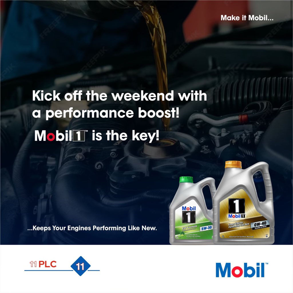 11PLC's tweet image. Friday Feeling!

Kick off the weekend with a performance boost, MobilI1 is the key! 

Unlock your vehicle&apos;s full potential and take your weekend adventures to the next level!

 #MobilIinnigeria #PerformanceBoost #WeekendVibes #FuelYourFun