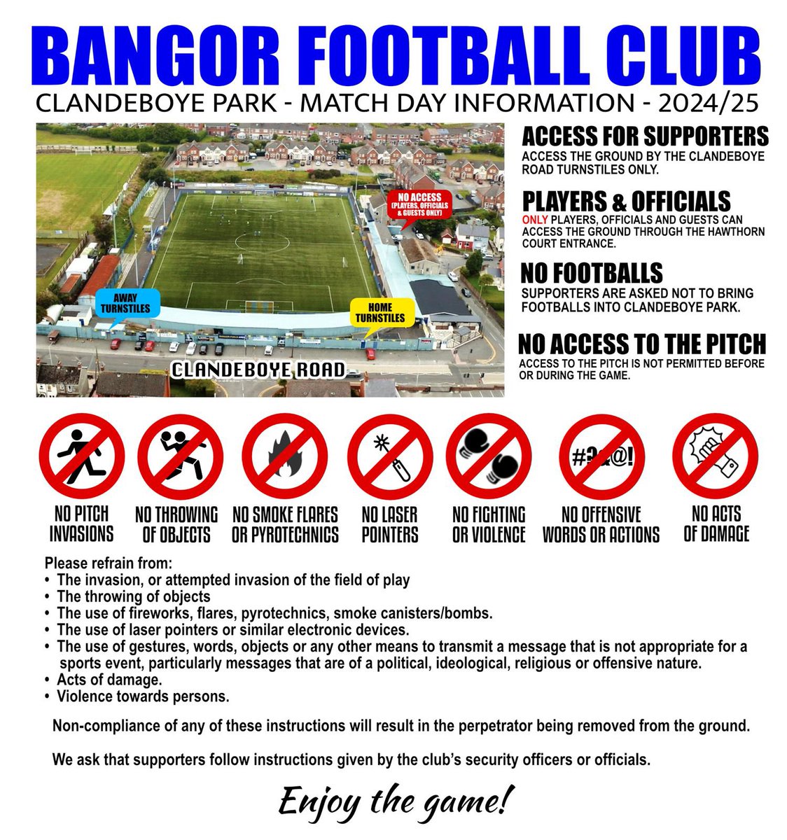 bangorfc's tweet photo. 🏟️ As we get ready for a new season at Clandeboye Park we ask that supporters familiarise themselves with our match day information. 

🟡🔵 https://t.co/8uEs9iyEFw