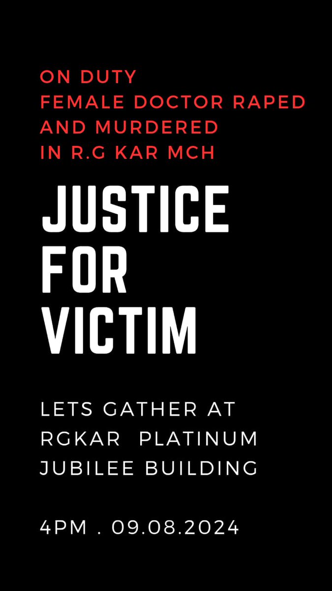 Absolutely appalling and gut-wrenching! 

Received a horrible news that a young female doctor at RG Kar Medical College has been brutally raped and murdered on duty, in West Bengal!

This despicable act of violence is a stain on our society!