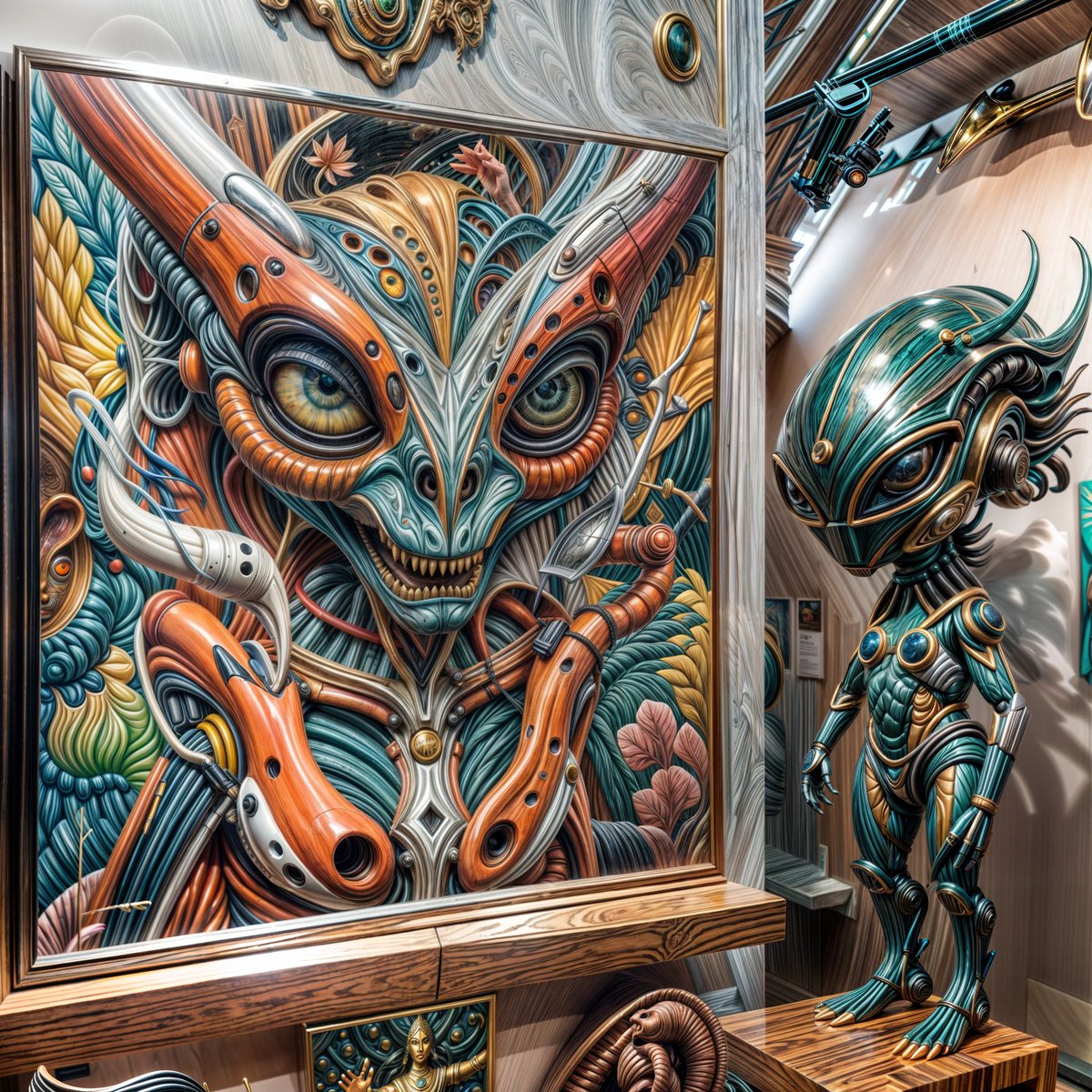 Fumettarchico's tweet photo. The robot Druklipuyk 3411 from the planet Donnn is less than a meter tall and was forced to climb onto a pedestal to be photographed with his work dedicated to his creator Maskulk Roonikk.#digitalart #museum #criptoart #space #bitcoin #alien #opensea #art #arte #nftgallery #nft https://t.co/n50gBaCHMW
