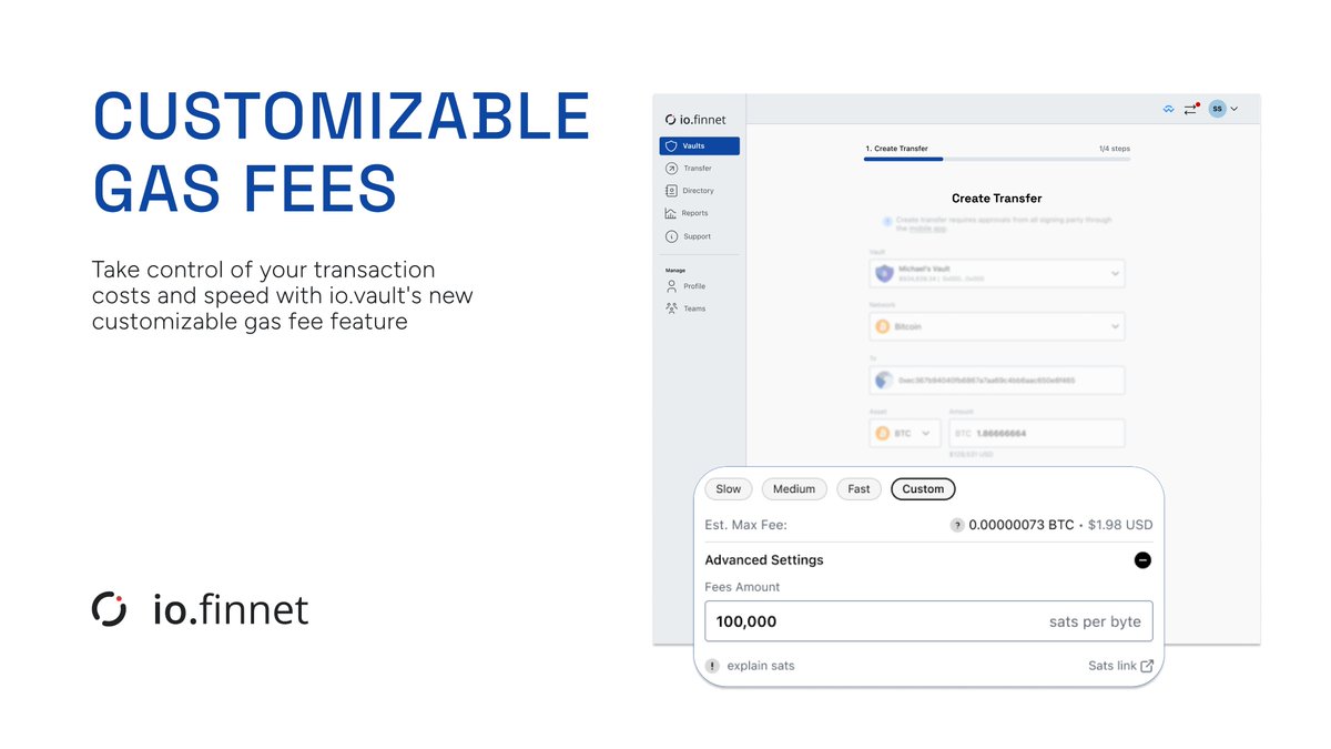 iofinnet's tweet photo. 🚀 NEW FEATURE UPDATE! 
Take control of your transaction costs and speed with io.vault's new customizable gas fee feature! 🎉  
Optimize costs during low congestion or prioritize speed for urgent transactions across Ethereum, Bitcoin, and ERC-20 networks. 
Learn more: https://t.co/WwT3GVIcEf  
#CryptoSecurity #DigitalAssets #MPC
