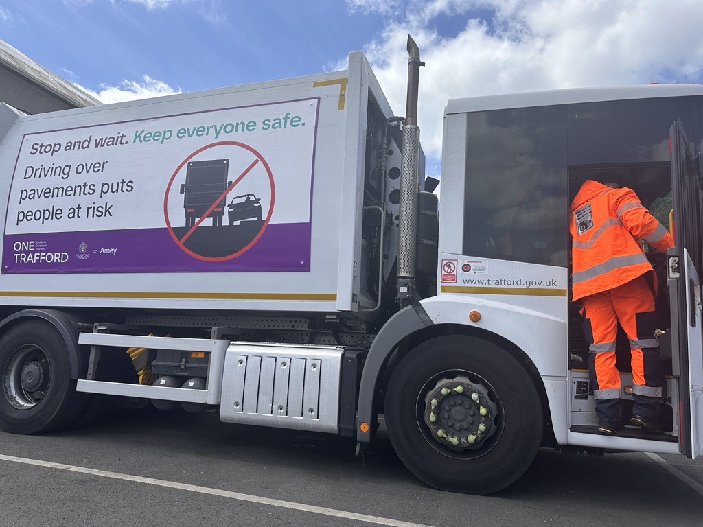 OneTrafford's tweet photo. 🚛 Keep an eye out for our lorries with an important safety message! 🚶‍♂️🚗 Driving over pavements around our parked wagons poses serious risks to people. #SafetyFirst https://t.co/7IC95YK7tO