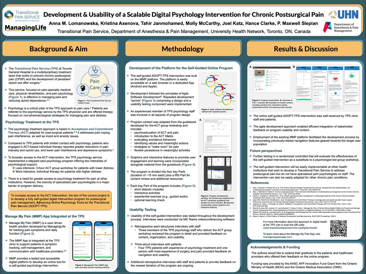 Transitional Pain Service (@tps_paintoronto) on Twitter photo Great poster session today <a href="/IASPpain/">IASP</a> #WC2024 from the TPS team on the Development & Usability of a Scalable Digital Psychology Intervention for Chronic Post-surgical Pain. Here is our poster if you missed it:
<a href="/Drhaclarke/">Hance Clarke</a> <a href="/joeldkatz/">Joel Katz</a> <a href="/TahirJanmohamed/">Tahir Janmohamed</a> <a href="/managinglife/">Manage My Pain by ManagingLife</a> Great poster session today <a href="/IASPpain/">IASP</a> #WC2024 from the TPS team on the Development & Usability of a Scalable Digital Psychology Intervention for Chronic Post-surgical Pain. Here is our poster if you missed it:
<a href="/Drhaclarke/">Hance Clarke</a> <a href="/joeldkatz/">Joel Katz</a> <a href="/TahirJanmohamed/">Tahir Janmohamed</a> <a href="/managinglife/">Manage My Pain by ManagingLife</a>