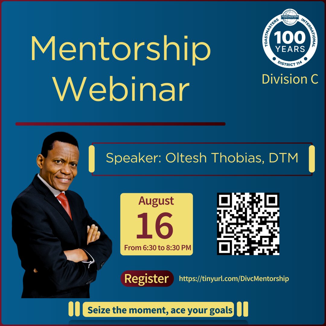 Seize the moment! Become a mentor and empower others!  Join our webinar on Aug 16th. Learn effective strategies for mentoring. First, register here: …onal-district-114-division-c.odoo.com/r/Wk9 #Mentorship #Toastmasters #SeizeTheMoment #AceYourGoals