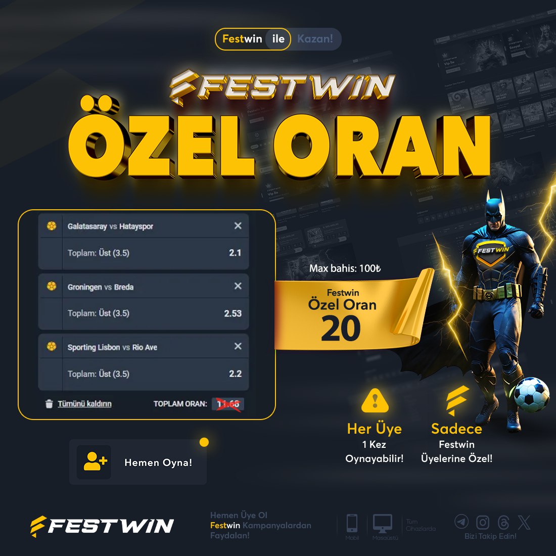 🤑 Hayalinizde ki Kazanç İçin Tam Zamanı!

🔸 Festwin' de Bu Kupon İle Kazancınızı 2’e Katlayın! Özel Oranla Büyük Vurgun Yapın!

⚽ Galatasaray 🫢 Hatayspor
⚽ Groningen 🫢 Breda
⚽ Sporting Lisbon 🫢 Rio Ave