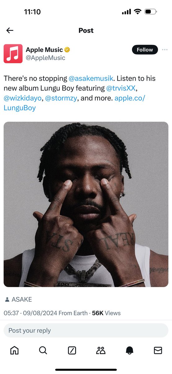 adesope_olajide's tweet photo. U wanna know if @asakemusic is one of the faces of the culture or not …… here is @applemusic telling the world & their 10 million followers that his album LUNGU B🛞Y is out now .. #LunguBoy … & he got all that singing mainly in Yoruba & giving them Fuji vibes #StayTrueToSelf https://t.co/fFXvGvqW26