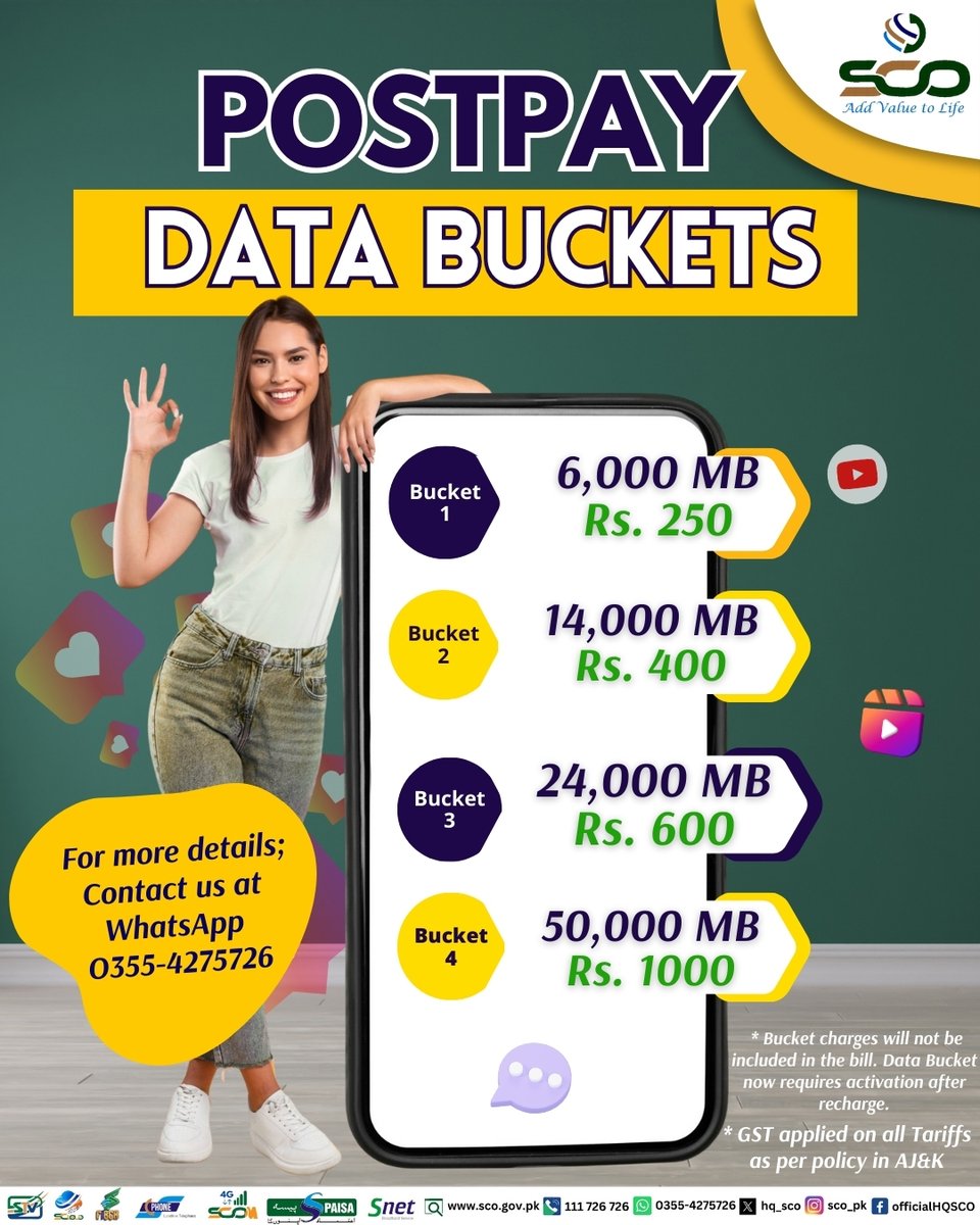 hq_sco's tweet image. Keep yourself entertained with our amazing Postpaid Data Buckets Opt for the bucket that best suits your need ✨
For activation dial *726# and select postpaid 🌟
#SCOM4G #AddValuetoLife #SCO #GB #AJK