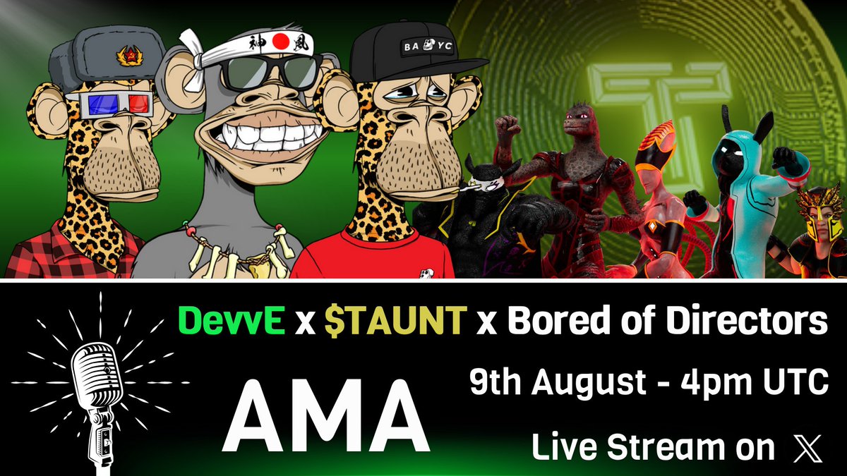 Now this is an AMA you definitely don't wan't to miss 🚨

<a href="/TauntCoin/">tauntAI | $TAUNT</a> and <a href="/NFIPHoldings/">Bored of Directors</a> are joining us for an interesting convo about their latest partnership.
The group of Bored Apes owners will tell more about their licensed IP and how this will bring their apes to life 🙈

We