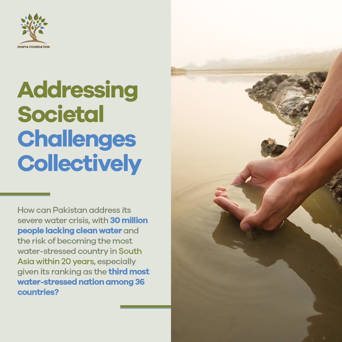 DunyaFoundation's tweet photo. Pakistan faces a severe water crisis, with 30 million people lacking clean water. Ranked 3rd for water stress by the IMF, it risks becoming South Asia's most water-stressed nation in 20 years. Collective action is crucial. #PakistanWaterCrisis #CleanWater #DunyaFoundation https://t.co/ZCUnUlG5lh