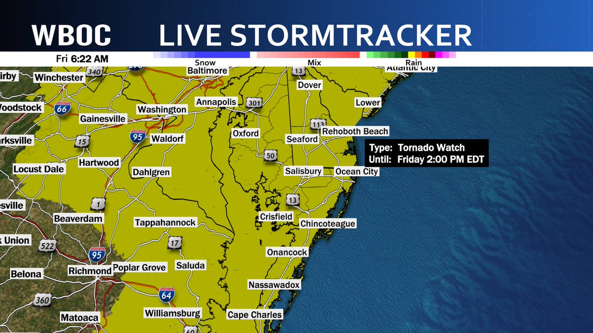 A Tornado Watch has been issued through 2 PM this afternoon. This means that conditions are favorable for the development for possible severe thunderstorms that may produce a quick spin-up tornado. Stay tuned to WBOC-TV, Wboc.com, and the WBOC Weather App!