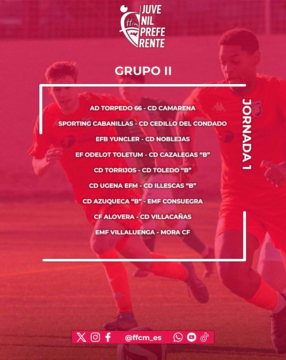 🏆 JUVENIL PREFERENTE |

▶️ 𝗝𝗢𝗥𝗡𝗔𝗗𝗔 1️⃣

⏰ 12.45h, Jornada 3️⃣4️⃣
⏰ 13h, calendario completo en todas las plataformas y RRSS de la FFCM.es

#somosCLM | #fútbolCLM