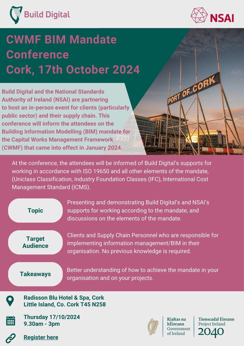 Build Digital and the <a href="/NSAI_Standards/">NSAI</a> are partnering to host an in-person event for the public and private sectors this October.
 
Join us on 17 Oct 2024 at Radisson Blu Hotel &amp; Spa, Cork.
 
Register here ➡️ bit.ly/3ymw2AE
 
#BuildDigital #Ireland2040 #NDPDelivery #NSAI