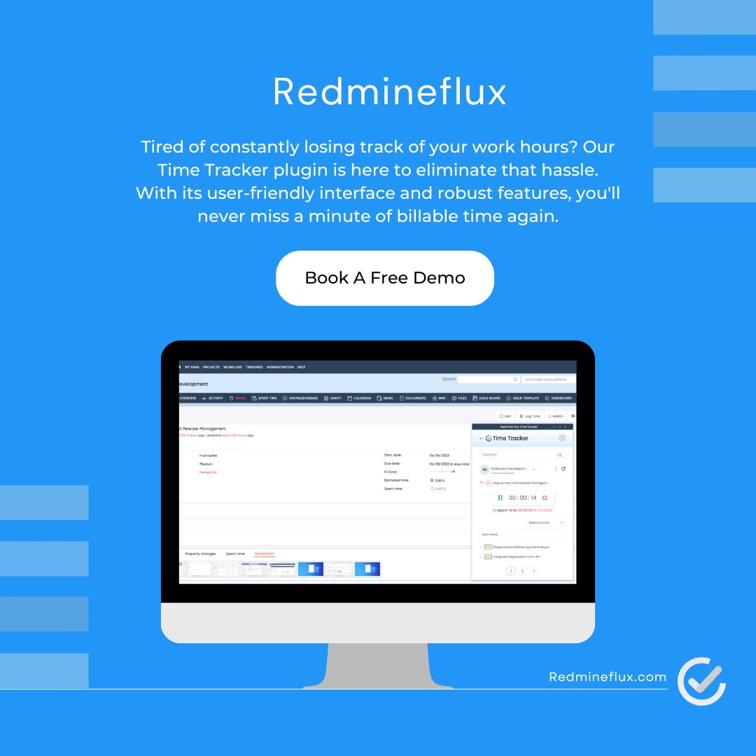 Redmine_flux's tweet image. Losing track of your hours? Not anymore! Our Time Tracker plugin has you covered. Book a free Demo now: Redmineflux.com/get-a-free-dem… #ProjectManagement #Redmineplugin #Redmineflux