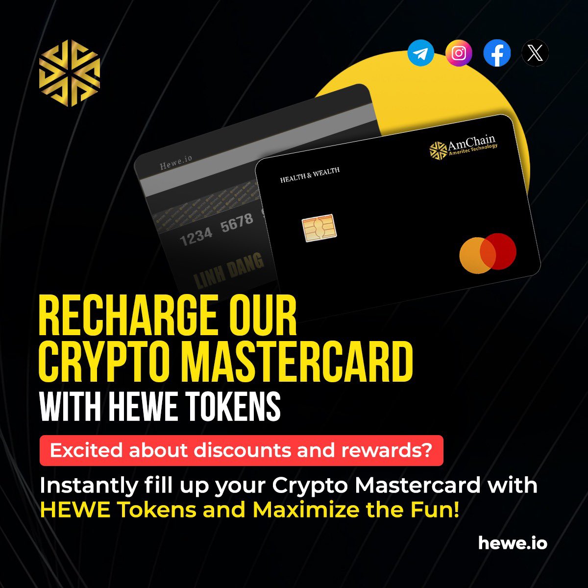 Turn your HEWE Tokens into instant money!💰 Recharge your Crypto Mastercard  💳 with HeWe and unlock a world of rewards and discounts. Launching soon 🚀  #CryptoMastercard #HEWETokens #CryptoRewards #AmChain #HealthIsWealth  #CryptoLife #Blockchain #