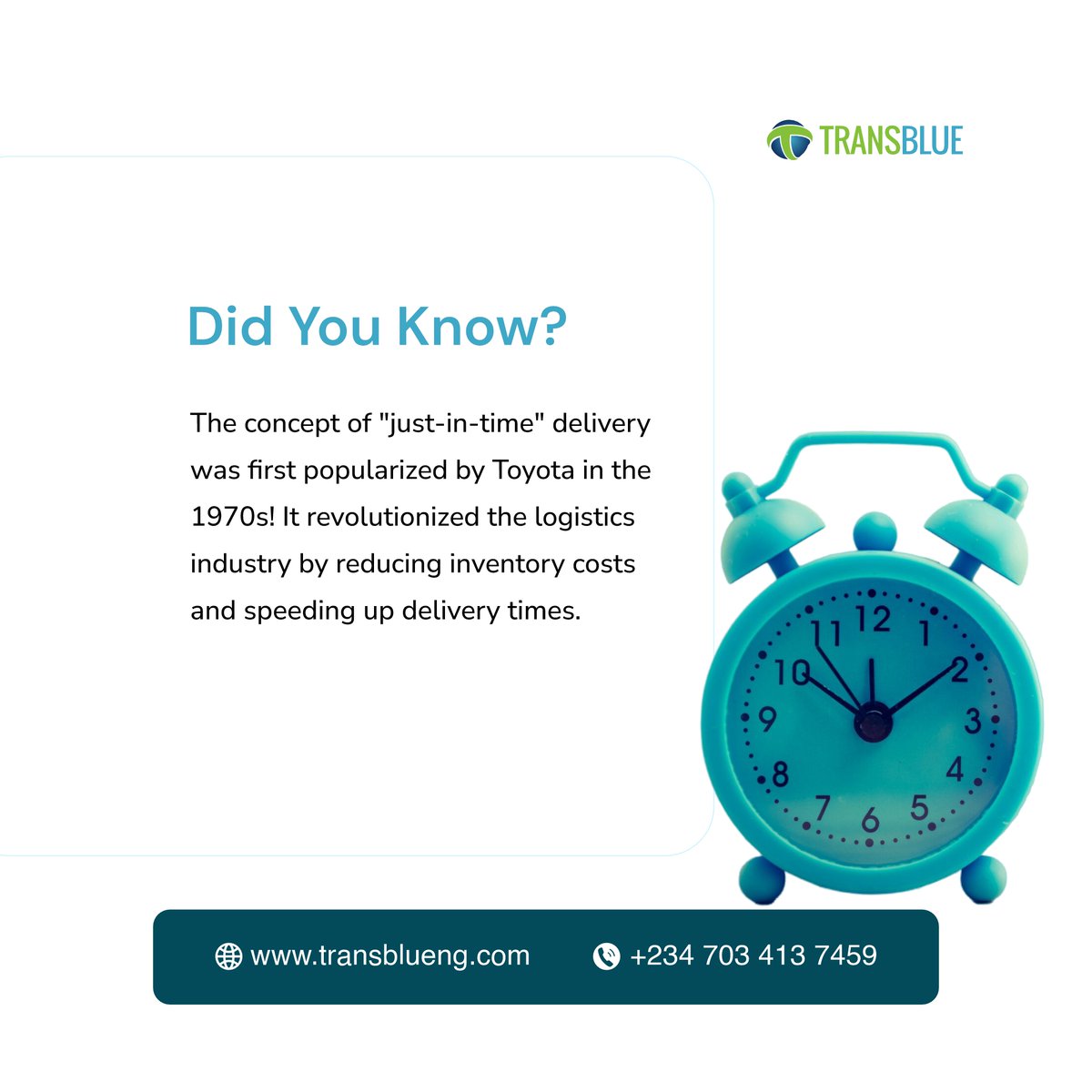 transblueng's tweet image. Did you know the &apos;just-in-time&apos; delivery model was a game-changer in logistics? Stay efficient, stay ahead. #FridayFunFact #LogisticsTrivia #TransblueLogistics