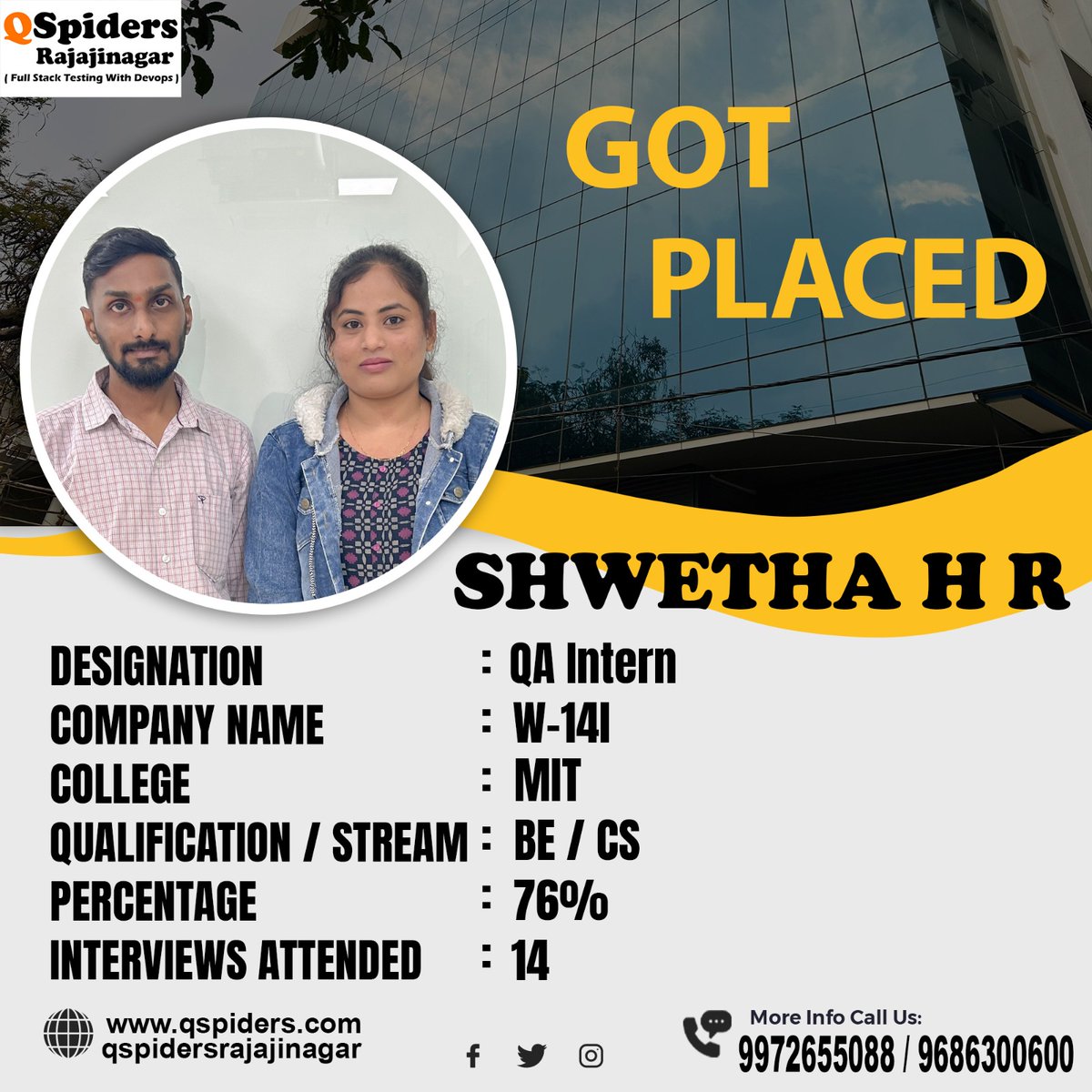 QRajajinagar's tweet photo. SHWETHA H R 
Congratulations for getting placed as QA INTERN from Qspiders Rajajinagar

Contact us for any queries
9972655088 / 9686300600

#qspidersrajajinagar
#mit 
#passouts 
#softwaretestingfullstack
#withdevops
#qaintern 
#testingcourse
#gotplaced https://t.co/tkoFePobyS