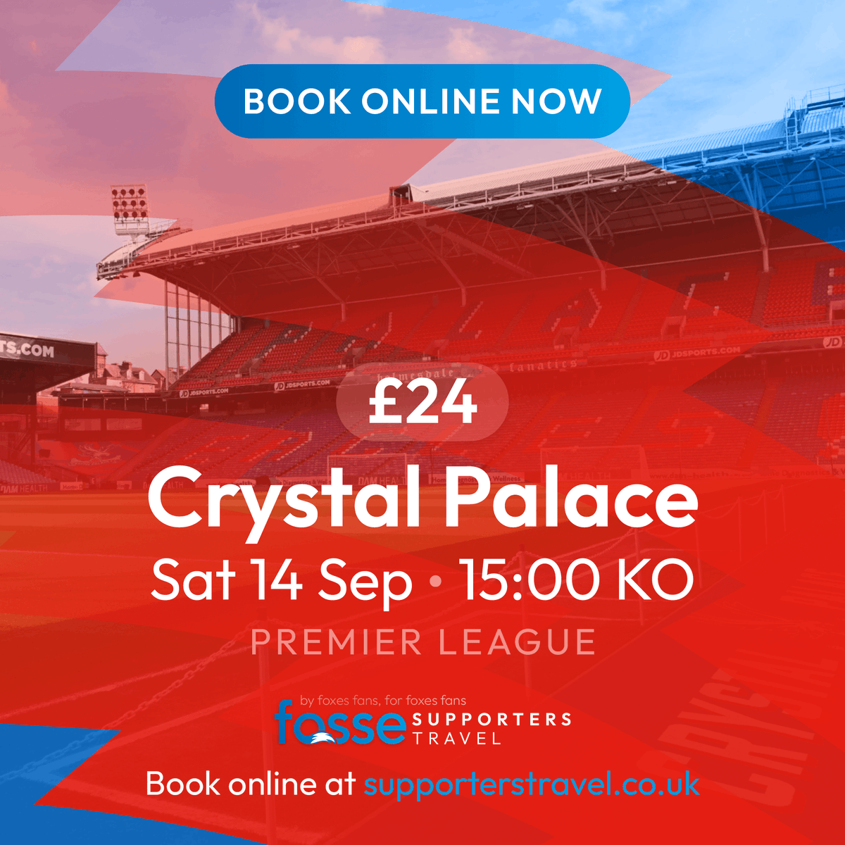 Fosse Supporters Travel (@supportertravel) on Twitter photo 𝗔𝘄𝗮𝘆 𝗧𝗿𝗮𝘃𝗲𝗹 𝗡𝗼𝘄 𝗢𝗻𝗹𝗶𝗻𝗲!
Join us as we hit the road for the Foxes' first away game vs Crystal Palace.
𝗣𝗶𝗰𝗸𝘂𝗽𝘀:
Hobby Horse - 9:30
Counting House - 10:00
Marshall Jaguar - 10:15
Book your seats now online at: supporterstravel.co.uk/fixture/crysta… 𝗔𝘄𝗮𝘆 𝗧𝗿𝗮𝘃𝗲𝗹 𝗡𝗼𝘄 𝗢𝗻𝗹𝗶𝗻𝗲!
Join us as we hit the road for the Foxes' first away game vs Crystal Palace.
𝗣𝗶𝗰𝗸𝘂𝗽𝘀:
Hobby Horse - 9:30
Counting House - 10:00
Marshall Jaguar - 10:15
Book your seats now online at: supporterstravel.co.uk/fixture/crysta…