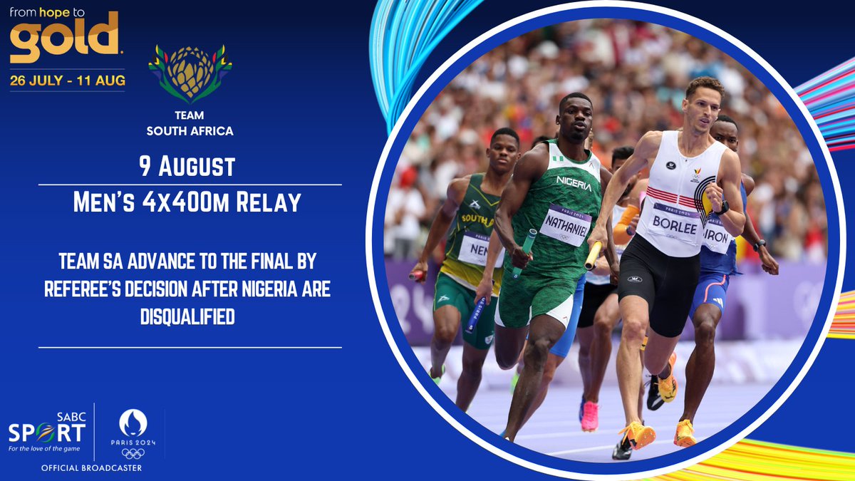 AfricaFactsZone's tweet photo. South Africa have qualified for the Men's 4x400m Relay final, after Team Nigeria got disqualified for stepping on the line at the 2024 Paris Olympics.

South Africa filed an appeal stating that they were impeded and won.

Botswana and Zambia also qualified for the final. https://t.co/tbRrvi13UF