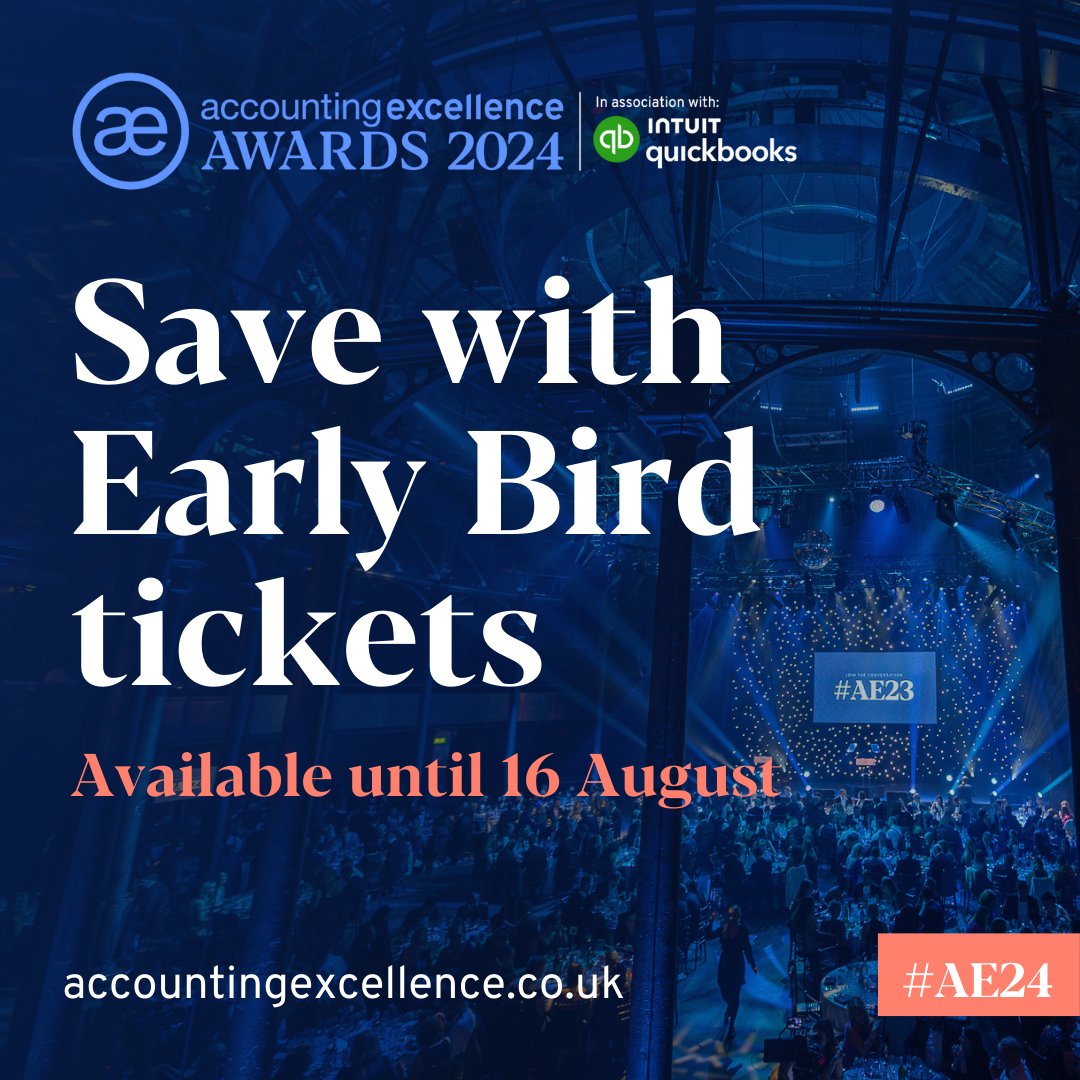 One week left to grab Early Bird tickets to Awards Night! ⭐🥂

You have just 7 days left to secure discounted rates to the Accounting Excellence Awards before they officially end on Friday 16th August, at midnight.

Book your tickets here: ow.ly/2I5950SP3hQ