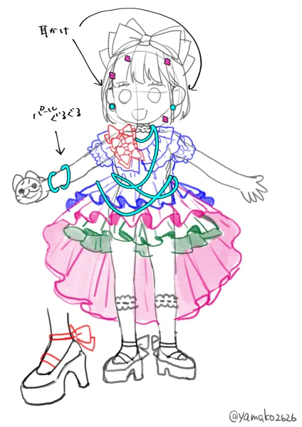 モゲにSD描いてもらうために共有した衣装解説(?)(髪留め描き忘れ) 