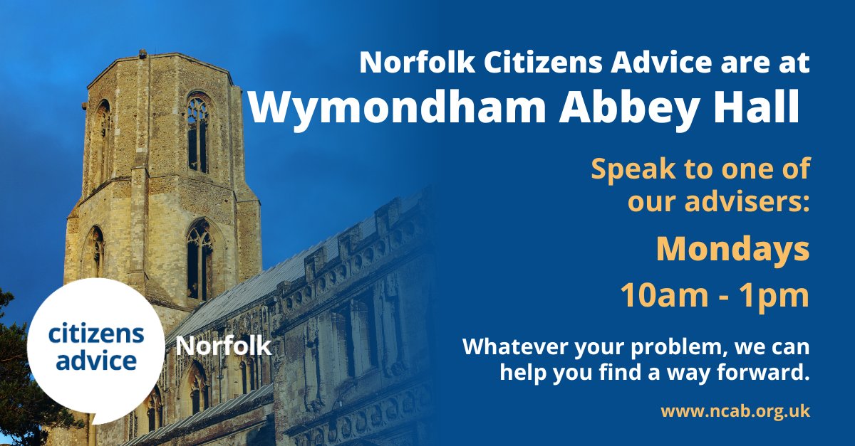 We're here to help every Monday, 10am - 1pm  in #Wymondham.

Just drop in - no appointment needed!

Give us a share and help us reach as many people as possible 💗