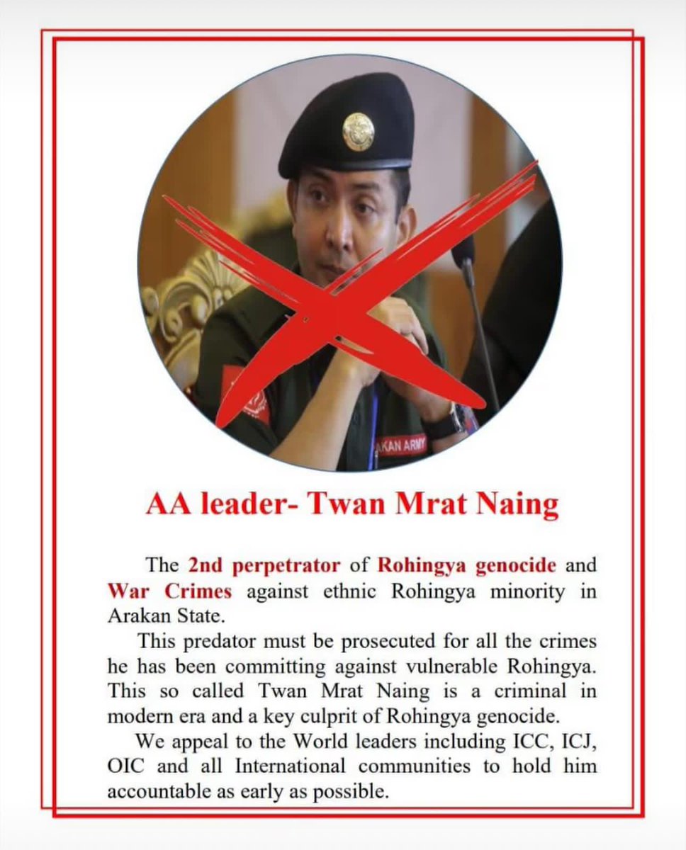 rohamidhossain7's tweet photo. #AA leader -@TwanMrat
The 2nd perpetrator of Rohingya genocide and war crimes against ethnic Rohingya minority in Arakan state.
#2nd_wave_of_genocide
#save_Rohingya https://t.co/QyVXDdj9yJ