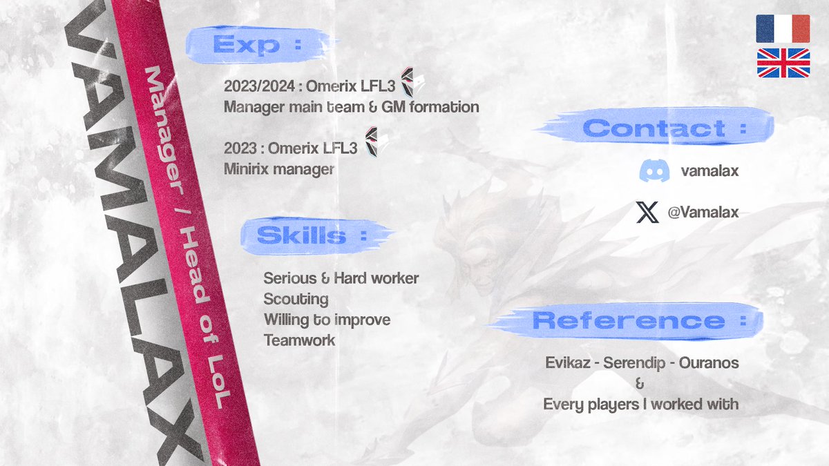 Hello ! 

After 2 seasons with Minirix/<a href="/OmerixEsport/">Omerix</a> , I'm LFT for 2025 season as Head of LoL/Manager. 
Interested mainly in ERL1 academic project or in any ERL2+ project (can work on PL div3 or Top NT too)

Ref : <a href="/Evikaz/">Evikaz</a> <a href="/Ouranos_Sc/">Papi Ouranos</a> <a href="/Serendip_LoL/">-</a> <a href="/Sarkymm1/">Sarkymm</a> 

RT appreciated!