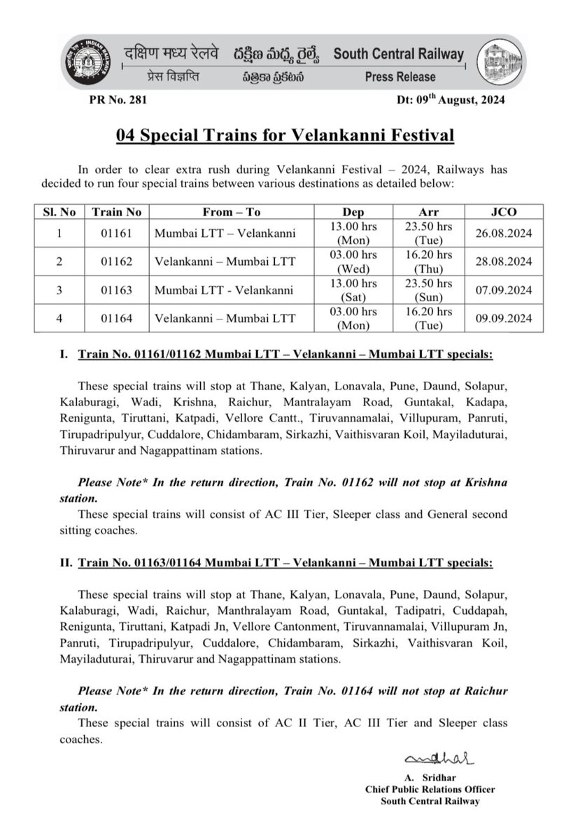 SCR PR No. 281 Dt. 09.08.2024 on "04 Special Trains for Velankanni Festival"