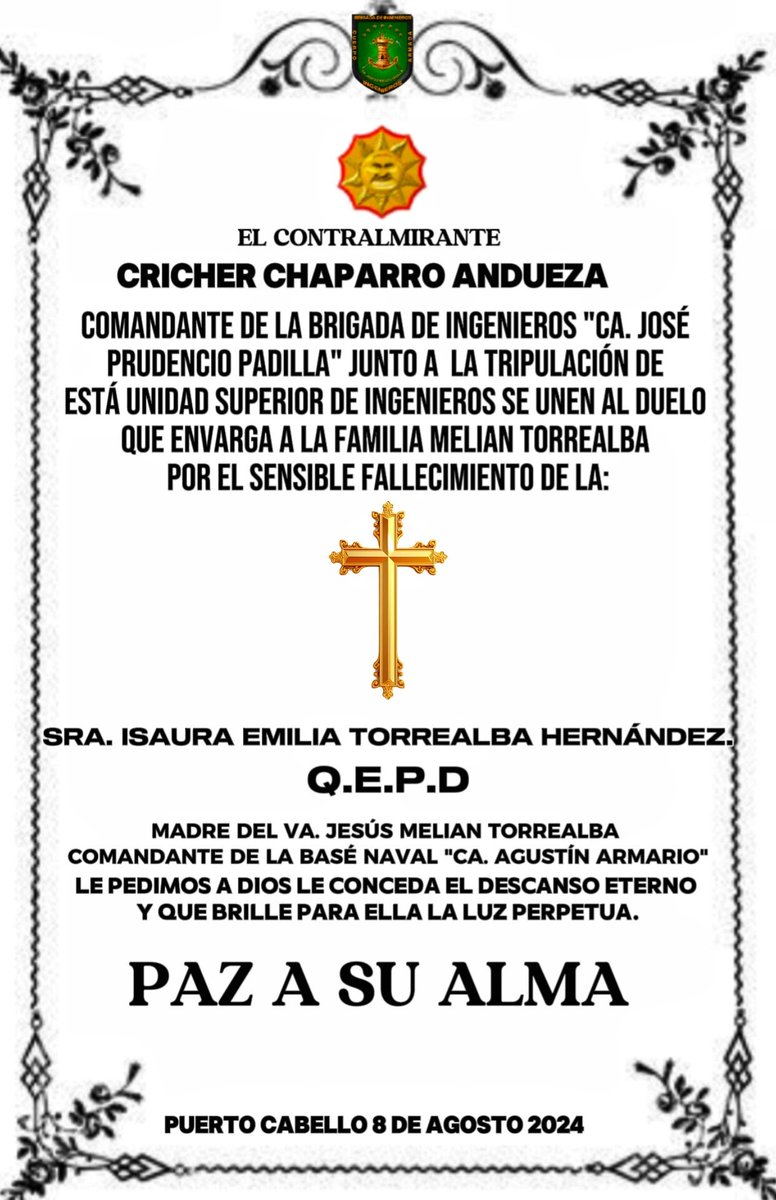 Desde la  <a href="/AB_BRINPA24/">AB_BRINPA</a> se Unen al duelo que envarga a la familia MELIAN TORREALBA Por sincible fallecimiento de la SRA. ISAURA EMILIA TORREALBA HERNÁNDEZ madre del VA. JESÚS MELIAN TORREALBA CMDTE de la <a href="/AB_BNAR2/">AB_BNAR</a>, Rogamos a Dios por el Descanso eterno.