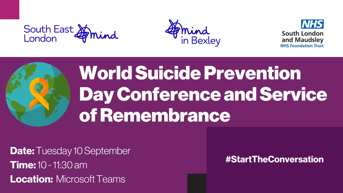 NHS Maudsley (@maudsleynhs) on Twitter photo On #WorldSuicidePreventionDay, we're hosting our 6th annual event with <a href="/selmindcharity/">South East London Mind</a> and <a href="/mindinbexley/">Mind in Bexley</a>.
Join us for talks by <a href="/ThriveLDN/">Thrive LDN</a>, <a href="/andysmanclubuk/">#ANDYSMANCLUB</a>, & others, ending with a remembrance service by our chaplains.
Register now: ow.ly/mBHI50SUcfR On #WorldSuicidePreventionDay, we're hosting our 6th annual event with <a href="/selmindcharity/">South East London Mind</a> and <a href="/mindinbexley/">Mind in Bexley</a>.
Join us for talks by <a href="/ThriveLDN/">Thrive LDN</a>, <a href="/andysmanclubuk/">#ANDYSMANCLUB</a>, & others, ending with a remembrance service by our chaplains.
Register now: ow.ly/mBHI50SUcfR