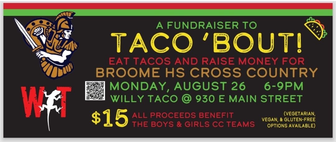 You've gotta eat, why not come do it with us?!  $15 gets you a taco bar and a non-alcoholic drink. All proceeds benefit the boys and girls teams!!! See coach Ridgeway, Coach Olson or any team member to buy a ticket or scan the QR code to buy online! No running talk required 🤭🤣
