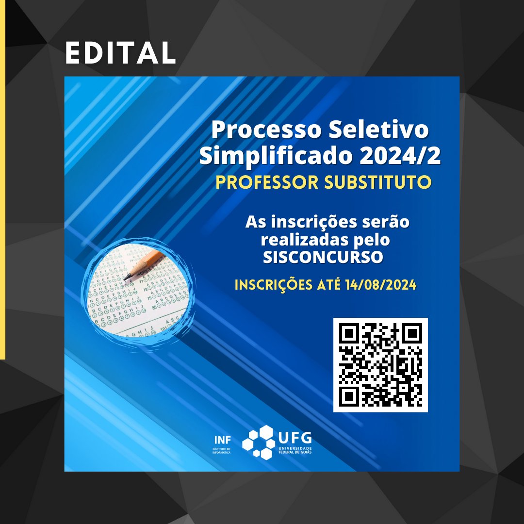 inf_ufg's tweet photo. Processo Seletivo Simplificado para Contratação de Professor Substituto - Área: Ciência da Computação

https://t.co/jzITPkgE3c

#professorsubstituto #infufg #ufg https://t.co/O3nV3xIo9s