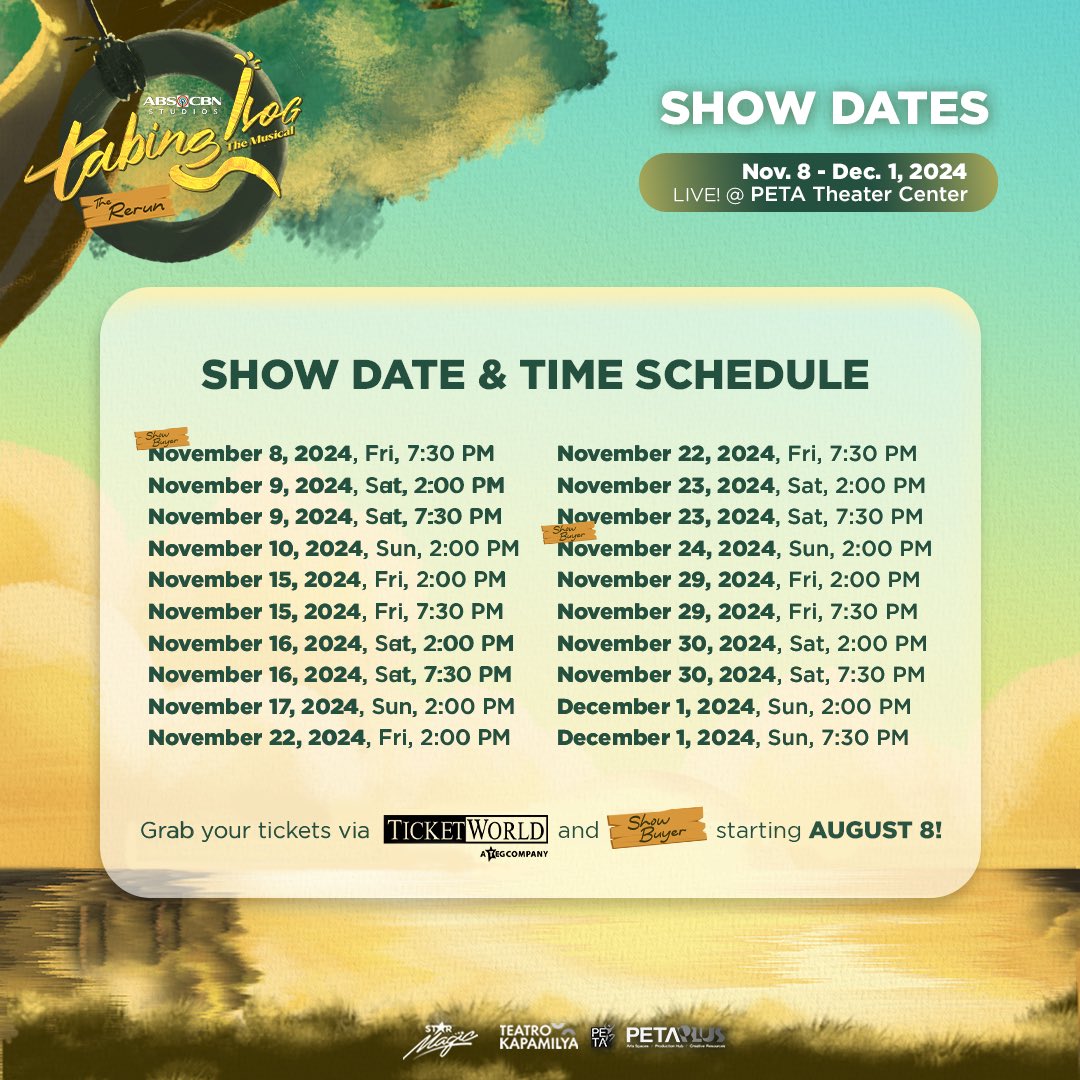 Oh ano na? Choose ka na ng showdates dahil excited na kaming makasama ka! Eyyy! 🗓️⏰

🗓️ Show runs November 8 - December 1, 2024
📍PETA Theater Center, Quezon City
🎟️ Tickets via TicketWorld
🔗 premier.ticketworld.com.ph/shows/show.asp…

#TabingIlogTheMusical #TeatroKapamilya