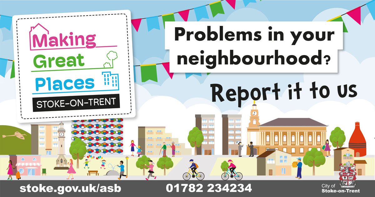SoTCityCouncil's tweet photo. 🏘️ We want to make great places in Stoke-on-Trent again and ensure you feel safe where you live.
❌ Working with @StaffsPolice those who cause antisocial behaviour will be prosecuted.
➡️ Report your concerns to us at https://t.co/tDvpChlwVJ
#MakingGreatPlaces https://t.co/QUbtdS8PGq