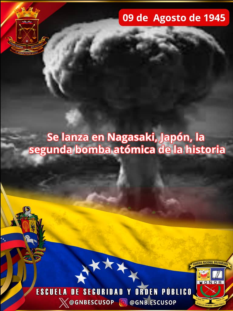 #9Ago  de 1945, fue lanzada la segunda bomba atómica  sobre la urbe japonesa  de Nagasaki por el ejército estadounidense, explotando a unos 470 metros de altura, destruyendo el 40% de la ciudad.