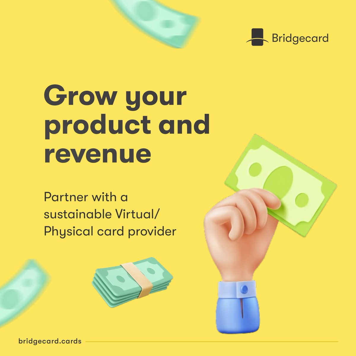 mybridgecard's tweet photo. From $5k to $150k+ in months! 🚀  Thats the story of more than 3 of our most loved partners who added card issuing to their products. 

We help fintech startups grow with stable APIs, cards &amp;  top notch services. 
Ready to scale? DM us or email issuecards@bridgecard.co https://t.co/Gr2gRXi3C4