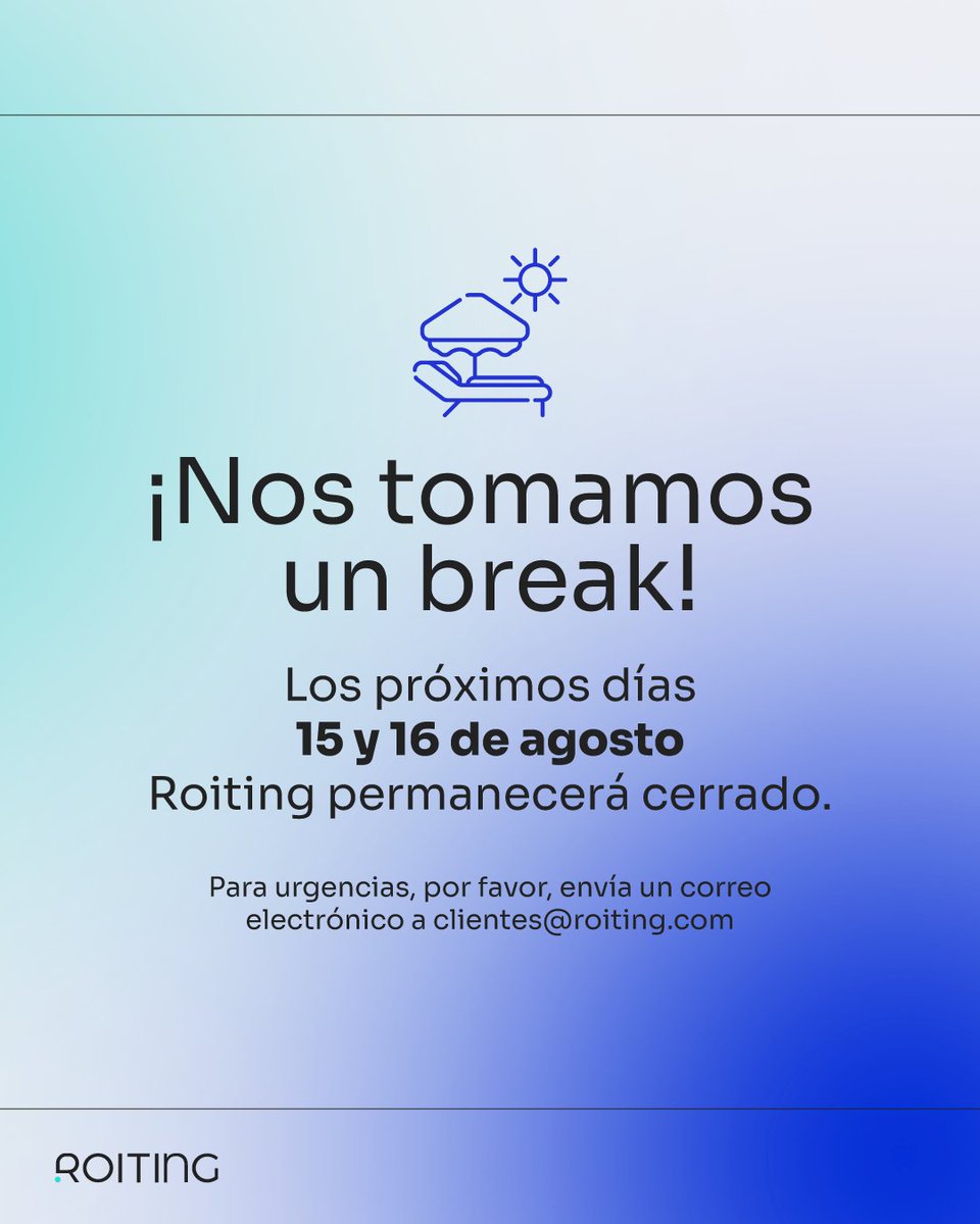 roiting's tweet image. 🌞 ¡Nos tomamos un break! 🌞

Los próximos días 15 y 16 de agosto estaremos cerrados para recargar energías. 🏖️

Para cualquier urgencia, puedes enviarnos un correo a clientes@roiting.com.

¡Nos vemos a la vuelta con las pilas recargadas!

#roiting #roiteam #ecommercemarketing