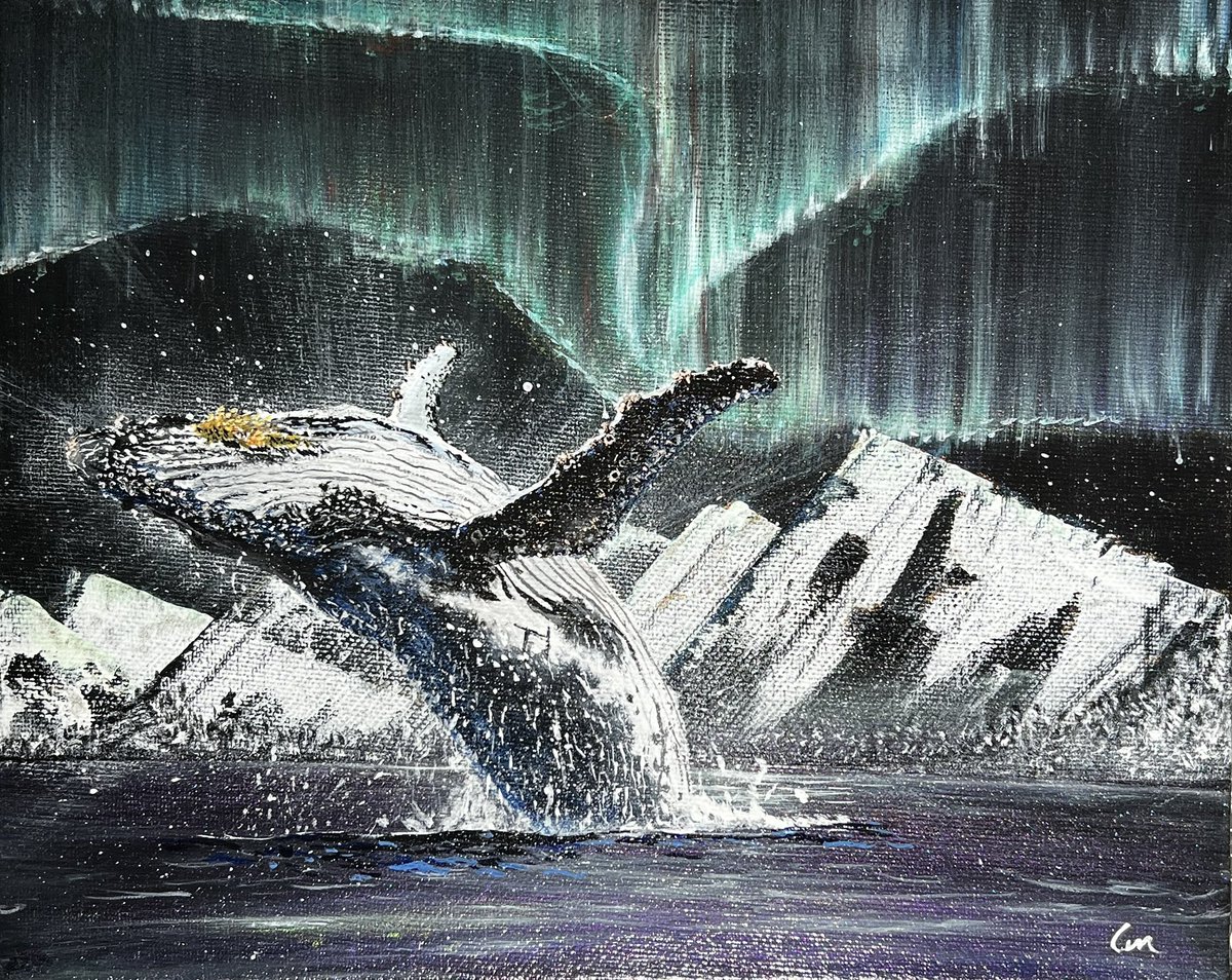 wistenear's tweet photo. クジラとオーロラのアクリル画

見る角度や光の当て方で色彩が変わって見える絵具を使用しています。

※この絵の販売予定はございません。
#Art #アクリル画　#クジラ　#オーロラ　#海 https://t.co/ogkIWoQj1t