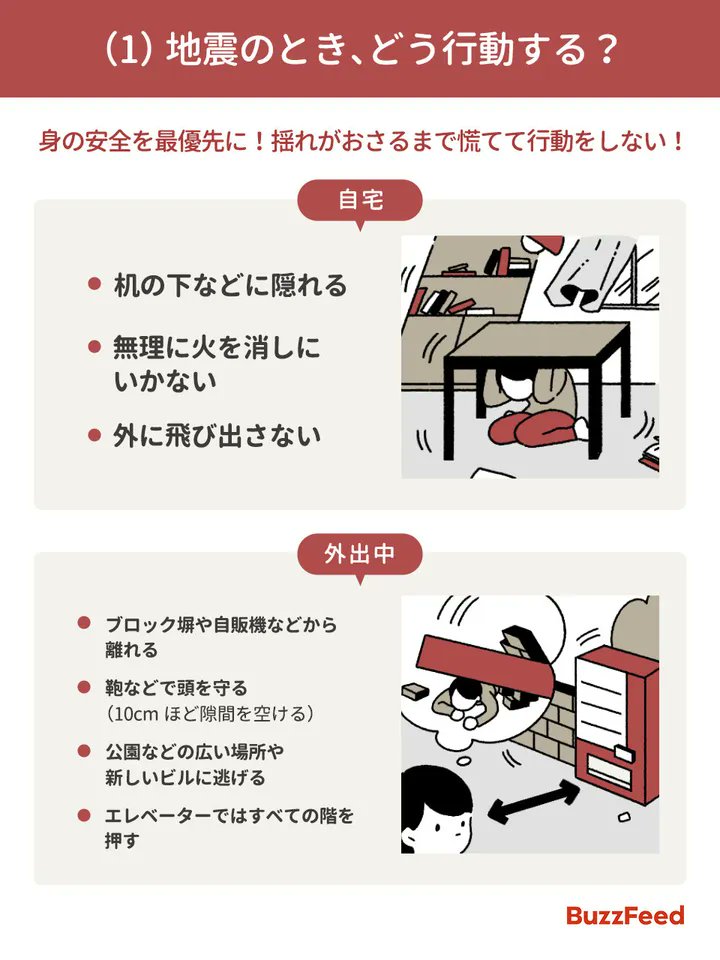 HuffPostJapan's tweet photo. 地震発生直後、なにをすべきで、なにをやってはいけないのか。

イラストでまとめました。
https://t.co/8bBsqLXQ1o https://t.co/bz5SihCyLy