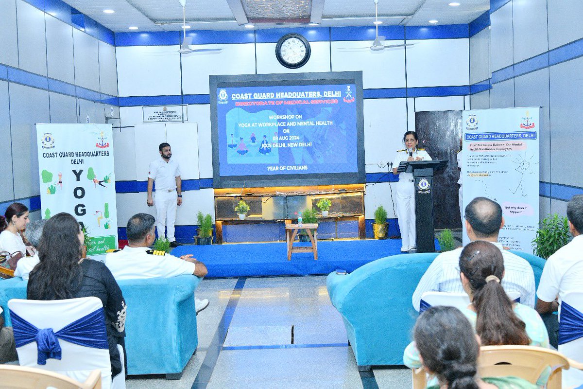 IndiaCoastGuard's tweet photo. Dte of Medical Services #ICG in collaboration with #WellM and #ICGS #Delhi, organized a workshop on yoga at the workplace and mental health wellness for Defence Civilians of @IndiaCoastGuard on 08 Aug 24. Yoga at the workplace can relieve stress and help maintain a positive and healthy work-life balance.🧘‍♂️🧘‍♀️ #WellnessAtWork #WorkplaceWellness 
#StressRelief

@SethSanjayMP 
@giridhararamane