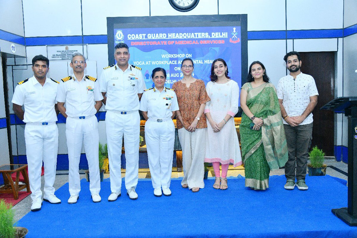 IndiaCoastGuard's tweet photo. Dte of Medical Services #ICG in collaboration with #WellM and #ICGS #Delhi, organized a workshop on yoga at the workplace and mental health wellness for Defence Civilians of @IndiaCoastGuard on 08 Aug 24. Yoga at the workplace can relieve stress and help maintain a positive and healthy work-life balance.🧘‍♂️🧘‍♀️ #WellnessAtWork #WorkplaceWellness 
#StressRelief

@SethSanjayMP 
@giridhararamane