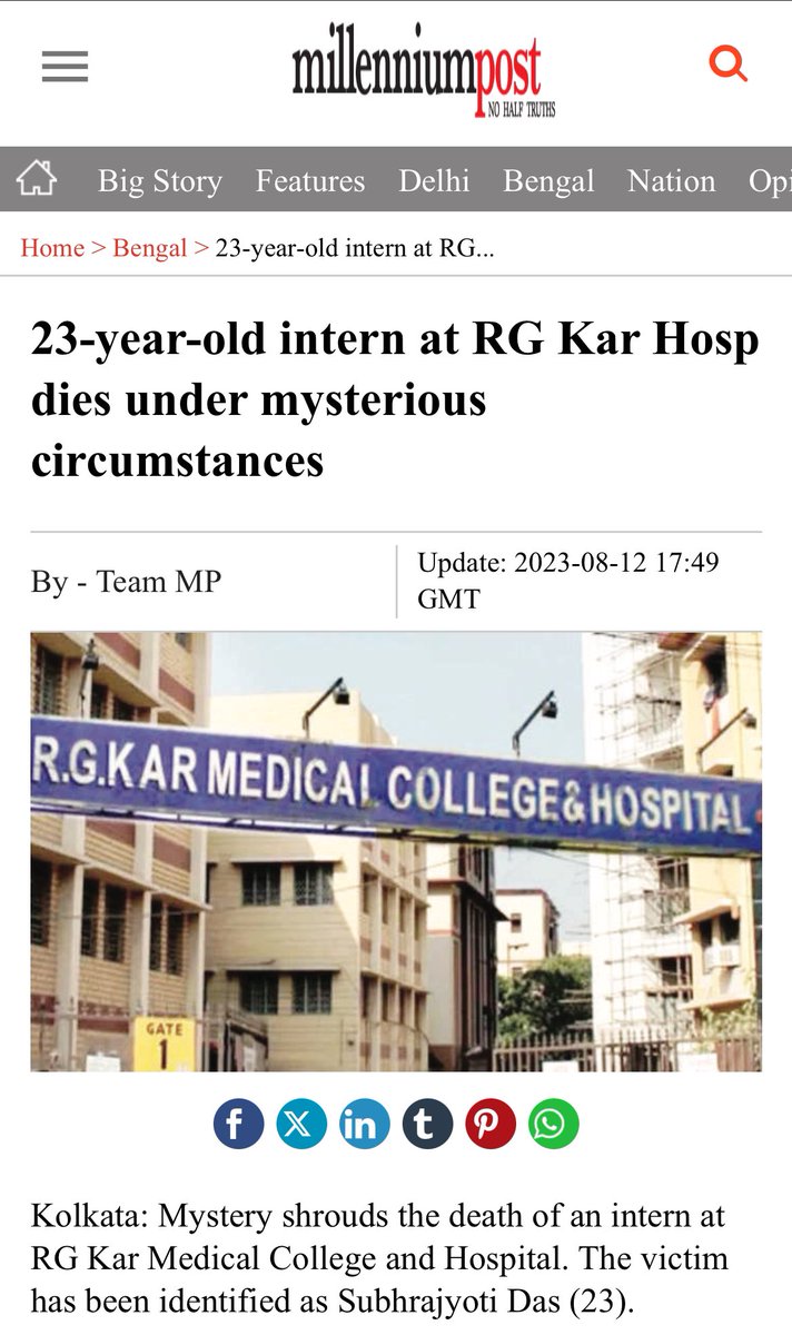 FordaIndia's tweet photo. 🚨A shocking incident at RG Kar Medical College & Hospital, #Kolkata 

•A 2nd year Female PG found dead in duty room of Pulmonary Medicne ward, under mysterious circumstances. 

•Alleged assault, details unknown. 
@KolkataPolice higher officials have reached the scene with Forensics team. 

•No official statement from college authorities. 

•Security at the hospital was allegedly non-existent. 

•A similar incident in the same institute occurred exactly a year ago. 

We demand a quick & thorough investigation from @WBPolice & @MamataOfficial 

Our prayers for her family & friends. We stand with you.
Wake up to reality @MoHFW_INDIA @AmitShahOffice @PMOIndia