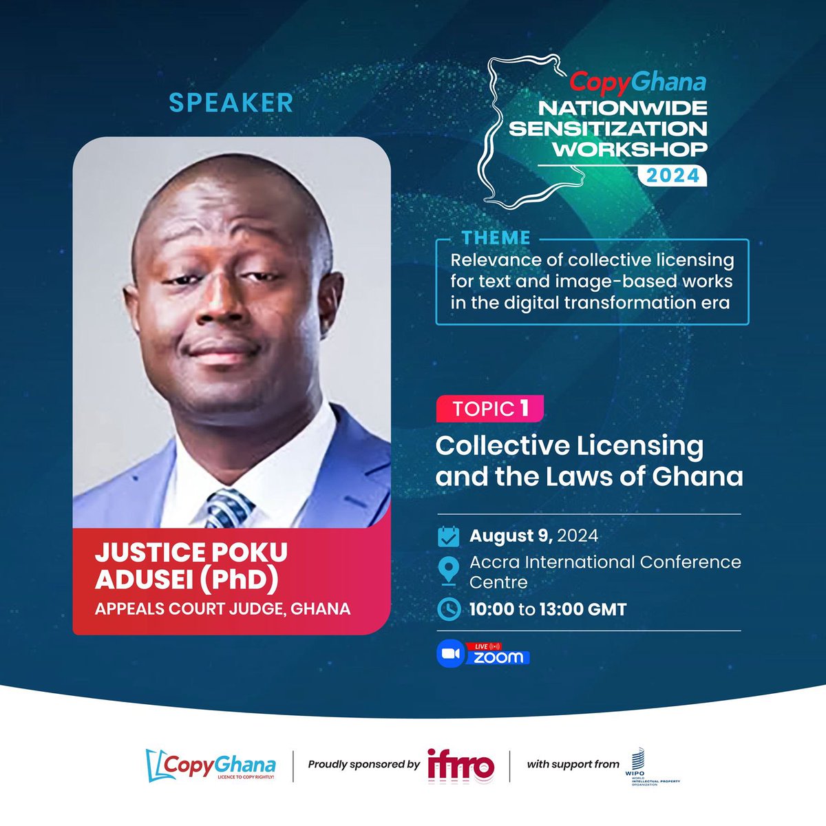 CopyGhana's tweet photo. Speaking now Justice Dr. Poku Adusei on Collective Licensing and the Laws of Ghana

#Copyright #AI #law https://t.co/mlRbVQ7KRn