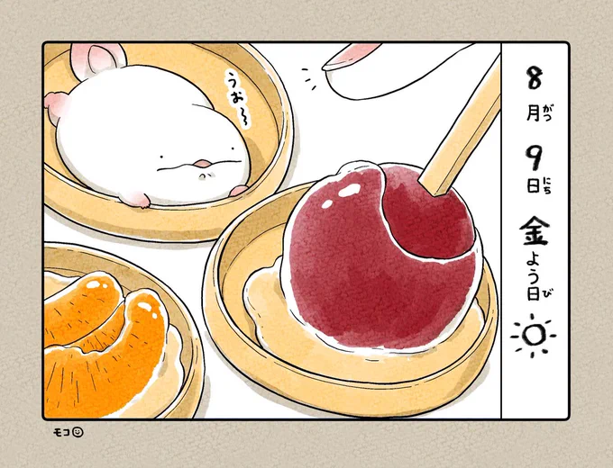 8月9日(金)☀️
ーーーーー
うおマロ、あんず飴の気持ち?

最中に乗ってご満悦。
ーーーーー

#うおマロ絵日記 