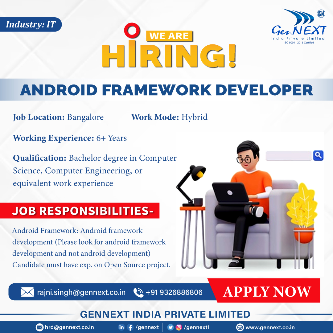 GennextL's tweet image. #UrgentHiring 💼📢🎯

Position: Android Framework Developer
Location: Bangalore

#Android #FrameworkDeveloper #Developer #Bangalore #IT #Software #ComputerScience #Engineering #hiringnow #jobsearching #jobsearch #hr #jobopenings2024 #gennextjob #gennexthiring #GenNext #hiring2024