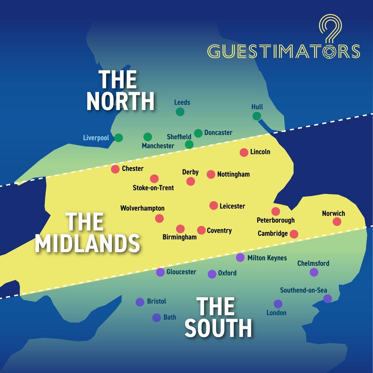 Guestimators's tweet photo. We've made the definitive map of the North/South divide in the UK.

All based on this week's quiz, where the public were asked to name the most southern city in The North, and the most northern city in The South.

I'm sure you'll all agree it's 100% right. https://t.co/DpVVFoMNCo