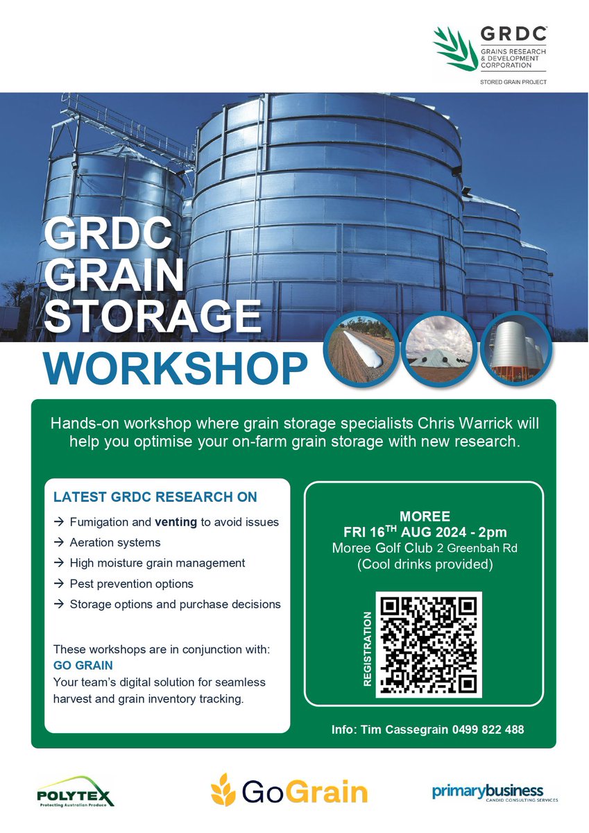 Heading to NSW next week to share the latest research to optimise on-farm grain storage. Bring your questions to GRDC Updates at Osborne 13th, Grenfell 14th, Trangie 15th and dedicated workshops at Narrabri and Moree 16th. Thanks to <a href="/theGRDC/">GRDC</a> <a href="/GRDCNorth/">GRDC North</a>
